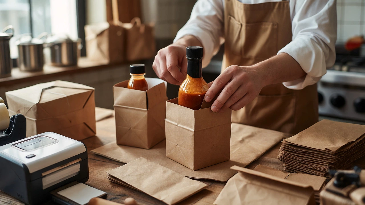 Hands packaging artisanal hot sauce bottles into eco-friendly kraft mailers