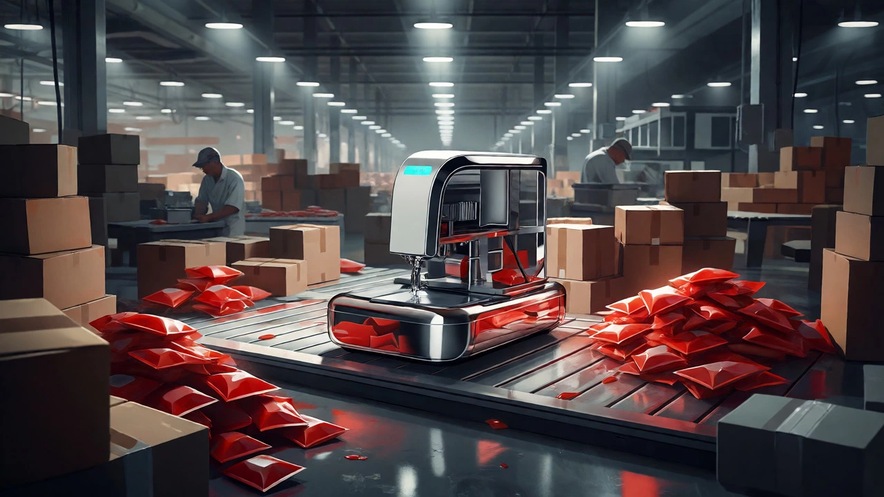 Isolated automated sealing machine surrounded by chaotic piles of waiting products.