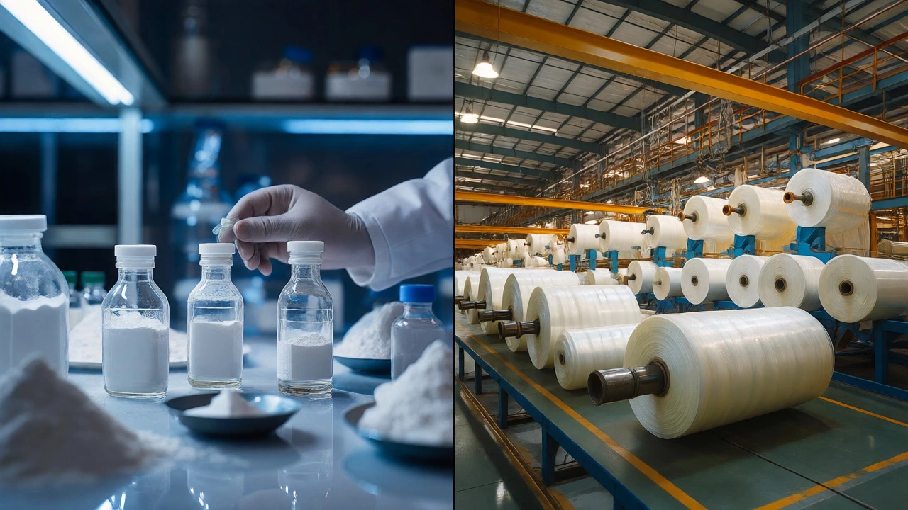 Split image comparing a specialty chemical lab with a mass-production polymer factory.