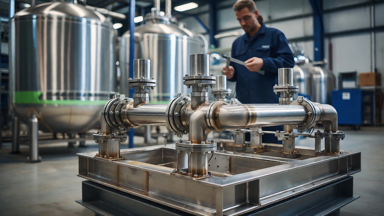 Technician inspecting hydrogen electrolyzer skid frame in modern facility