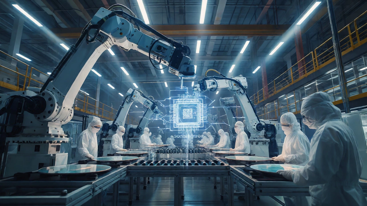 Workers in clean suits operating machinery in a futuristic semiconductor fab in Gujarat.